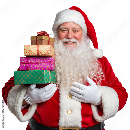 Santa Claus Holding Colorful Gift Boxes, Smiling Joyfully During the Christma...