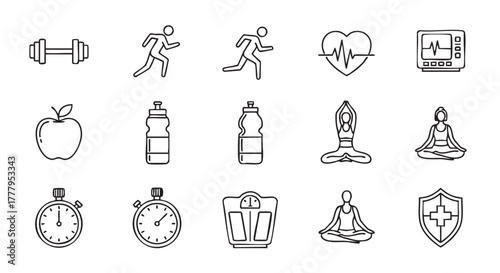Line art illustration of fitness elements representing healthy lifestyle choices