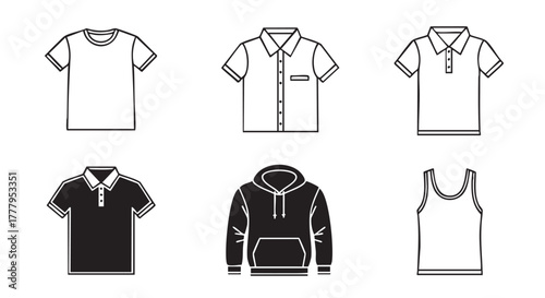 Line art illustrations of various shirts apparel for design usage