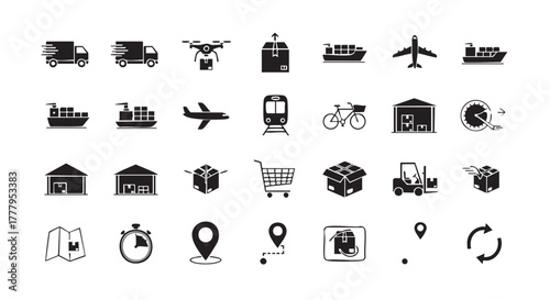 Logistics and delivery icons set including truck drone ship and warehouse