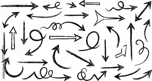 Collection of hand drawn grunge arrows and directional symbols in black and white on a white background