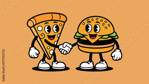 Pizza Burger Mascot Handshake Fast Food Retro Cartoon Vector illustration