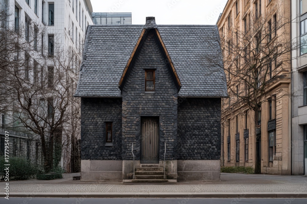Fototapeta premium Unique black slate house stands alone amidst modern buildings in an urban setting at dusk, showcasing striking architecture and design elements