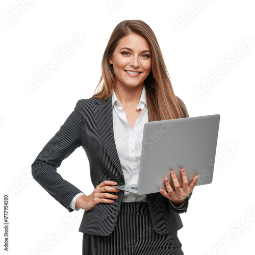 Businesswoman Smiling While Holding Laptop in Formal Attire Against Plain Bac...