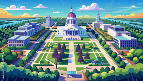 Very beautiful aerial drone photo of State Capitol Park in Baton Rouge, Louisiana, USA, showcasing the iconic Louisiana State Capitol building surrounded by lush greenery, walking paths, and urban lan