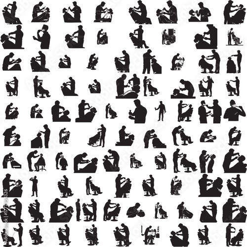 Silhouette of a barber giving service to his customer isolated on white background