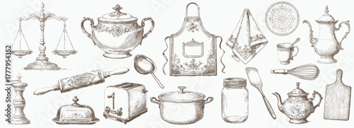 Vintage engraving set of elegant kitchen utensils and cookware — classic culinary line art in brown, beige, white tones.