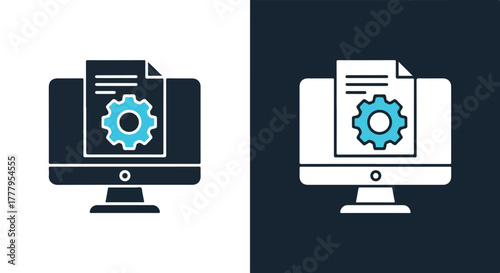 Computer screen showing document with gear - Blue icon vector - Vector icon symbol for website - Icon vector