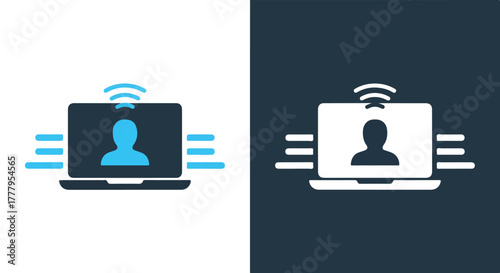 Online video conference meeting from laptop - Blue icon vector - Vector icon symbol for website - Icon vector