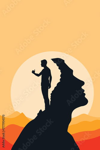 Surreal illustration of a man standing on a mountain shaped like a human head, symbolizing self-discovery, inner strength, and mindfulness in a minimalist conceptual landscape.