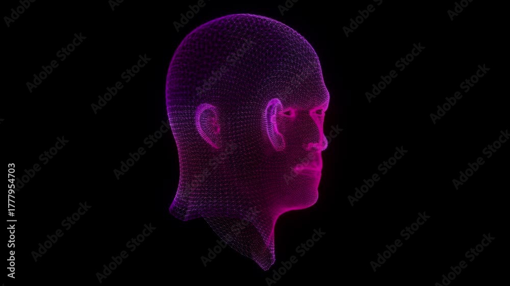 AI Cyber Head Purple Loop – Futuristic 3D Artificial Intelligence Face - Neural Energy, Digital Tech Graphic Element