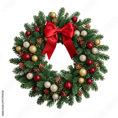 Holiday Wreath With Red Bow and Ornaments for Festive Decoration