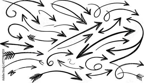 Collection of hand drawn arrows and directional symbols in various styles on a white background