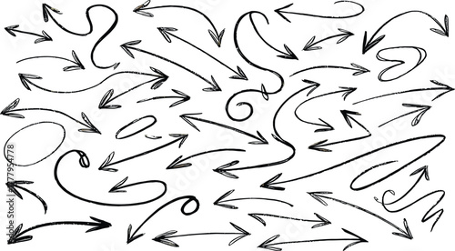 Collection of hand drawn sketchy black arrows and lines on a white background for design elements