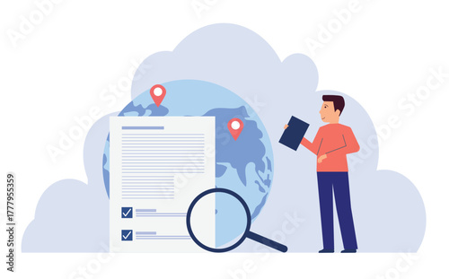 Global document verification concept, legal document and magnifying glass