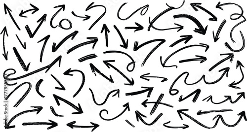 Collection of hand drawn black arrows and directional symbols on white background