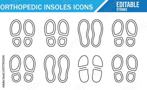Editable stroke vector icons for podiatry, shoe inserts, and comfort soles.