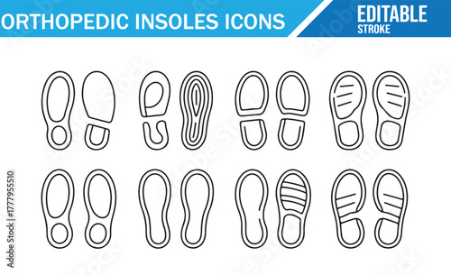 Minimal line icons of orthopedic insoles and foot arch support designs.