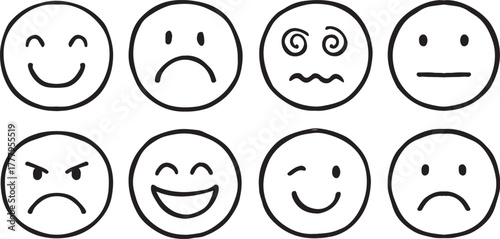 set of different Hand Drawn Emotion smiley Face illustrations Set Eight Black and White Circular showing various Expressions for Children’s Learning, Psychology Infographics, and Emoji Design