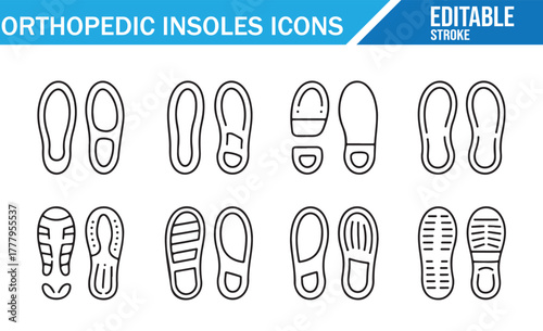 Line icons set showing orthopedic insoles, shoe inserts, foot arch support, pressure relief soles, comfort footwear, podiatry equipment, and medical foot care concepts for health, anatomy, and wellnes