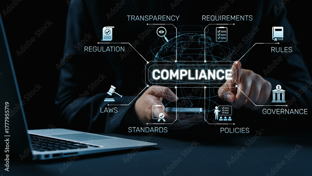 Fototapeta premium Compliance ensures alignment with standards, laws, and policies. A strong compliance system helps enforce regulation, protect organizations, and improve global compliance transparency. Elide