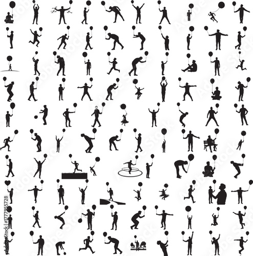 Silhouette of a person holding balloon isolated on white background