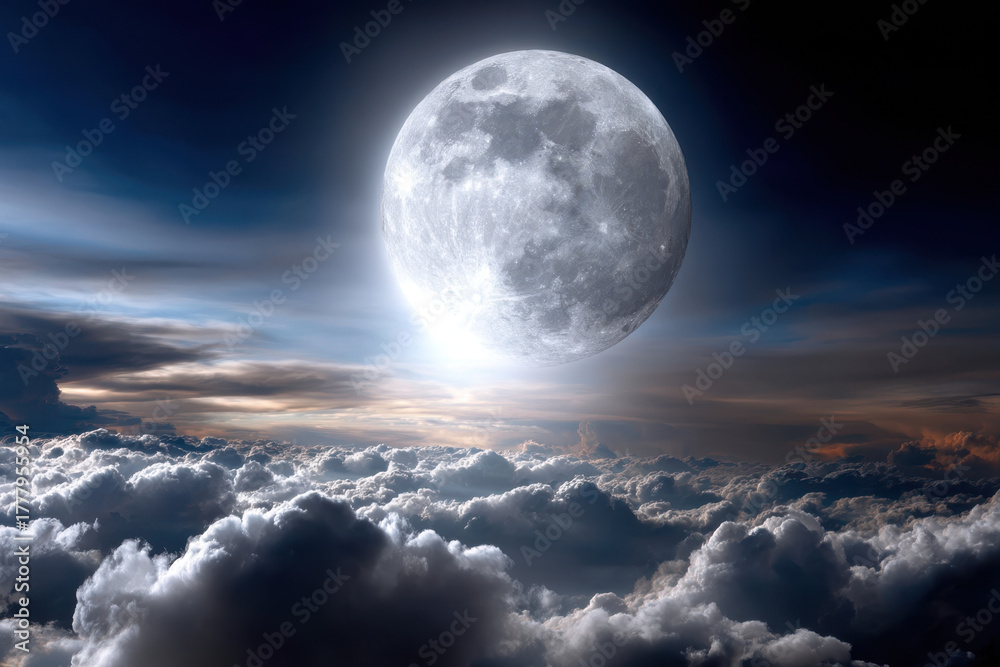 Obraz premium Bright full moon shining over clouds at night sky with dramatic lighting