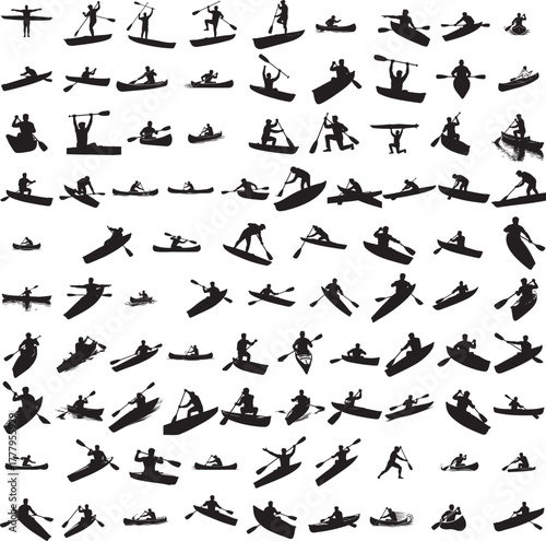 Silhouette of a person using paddle to propel canoe isolated on white background