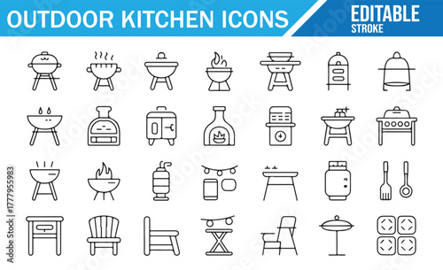Line icons of patio kitchen appliances and backyard food preparation tools.