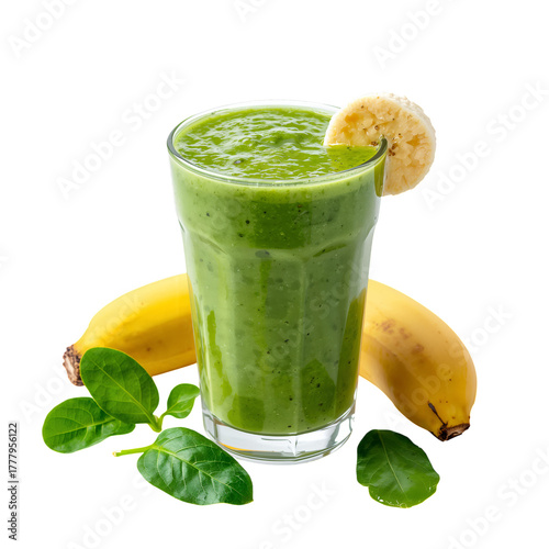 Refreshing Green Smoothie With Mint Garnished With a Slice of Banana
