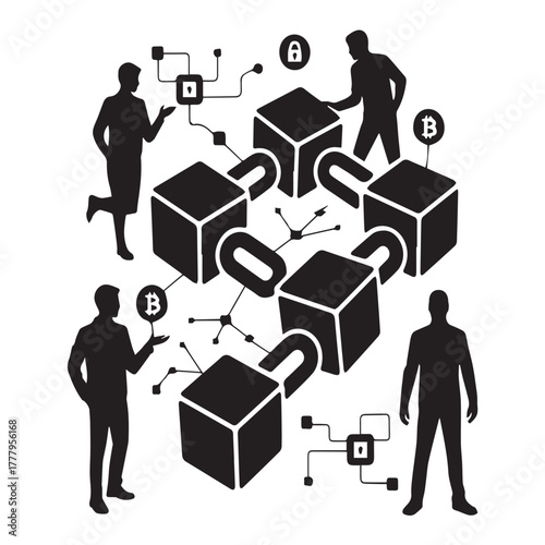 Illustration of blockchain technology with connected blocks and human figures