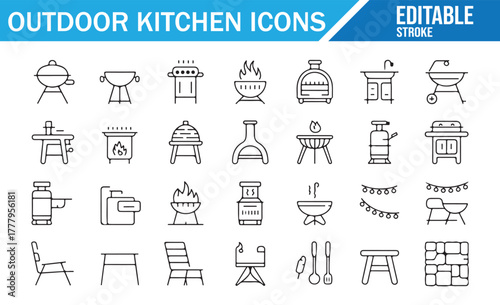 Vector kitchen appliances and backyard BBQ icons for culinary design.