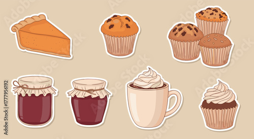 Autumn desserts variety of sweets with muffins, pumpkin pie, and hot chocolate