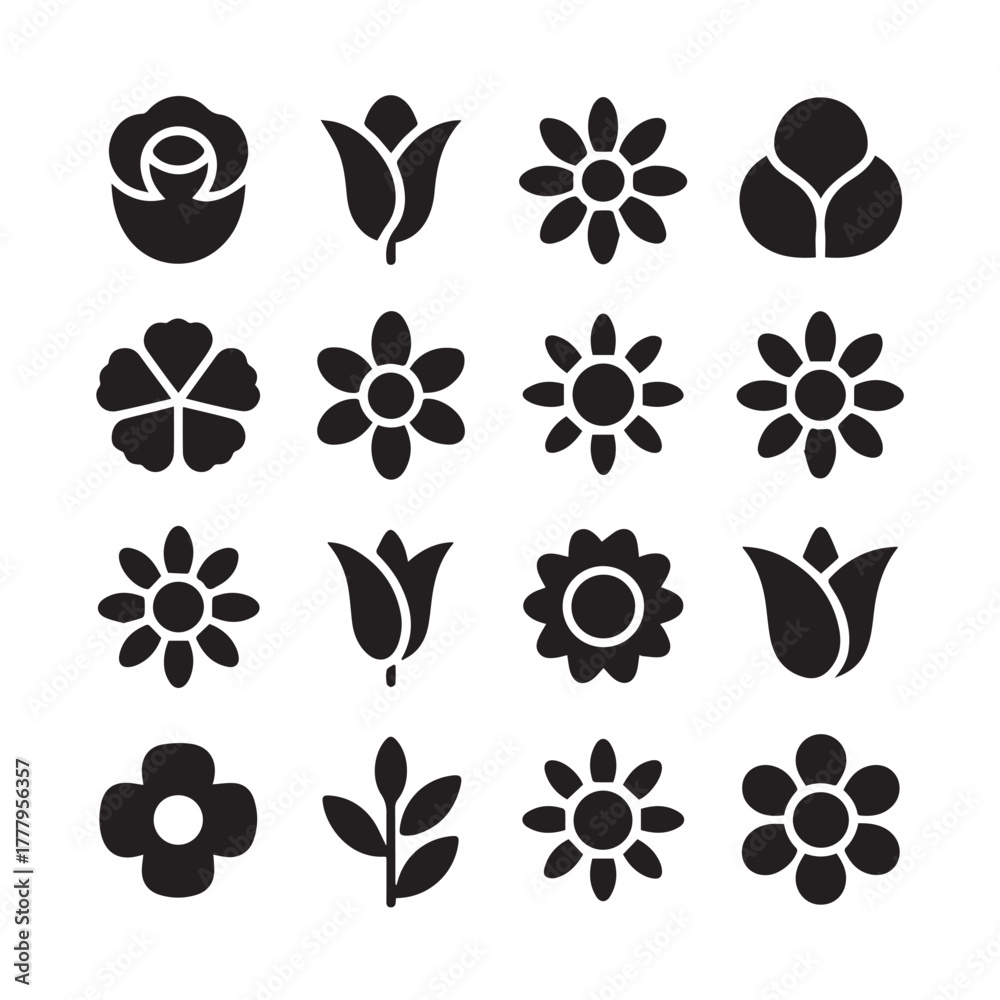 Fototapeta premium Floral elements isolated on white background featuring various flower shapes