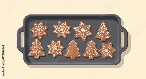 Festive gingerbread cookies on baking tray with intricate star and tree designs