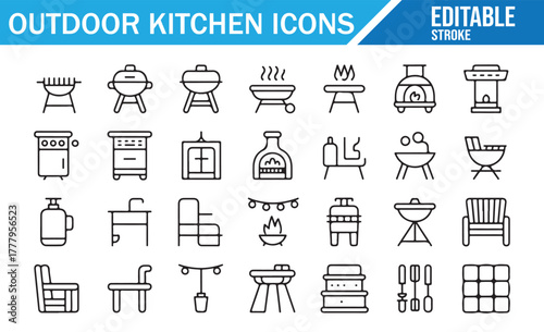 Line icons set for outdoor kitchen equipment, barbecue grills, cooking utensils, patio furniture, gas tanks, fire pits, ovens, and backyard cooking concepts, perfect for summer, camping, and garden de