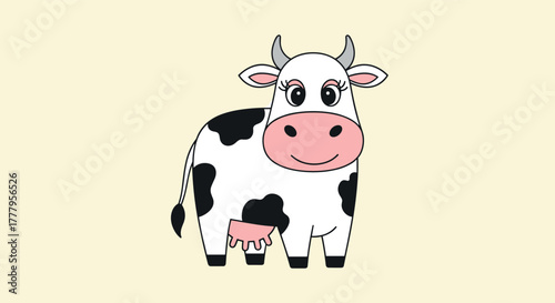 Adorable cartoon cow with udder on cream background