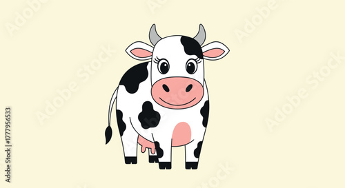 Cute cartoon cow with black spots and pink accents on cream background