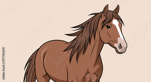 Stylized brown horse illustration with white markings on a beige background