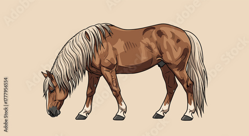 Graceful brown horse with flowing mane grazing in profile view