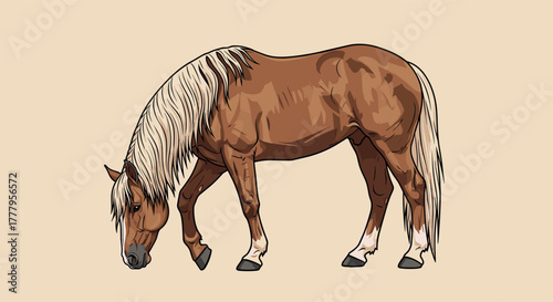 Graceful horse grazing with flowing mane in detailed art design