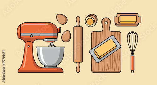 Kitchen baking essentials illustrated in modern flat style