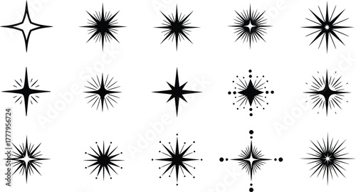 Collection of fifteen unique black starbursts and sparkles graphic elements on a white background