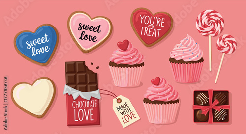 Colorful dessert collection with heartshaped cookies and cupcakes on pink backdrop