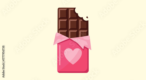 Pink wrapped chocolate bar with heart design and bite in flat style