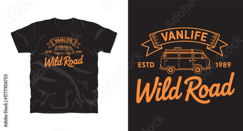 Vanlife vector t shirt design camper adventure travel road trip outdoor van holiday vehicle journey freedom summer typography scenic mountains exploration vintage