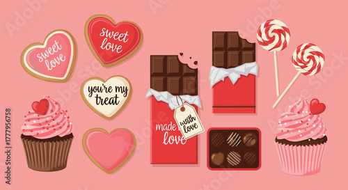Sweet love treats collection chocolate bars, cupcakes, and heart cookies on pink background