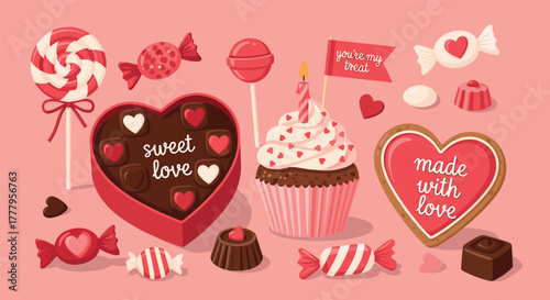 Sweet treats collection with heart candies, cupcake, and chocolates in flat design