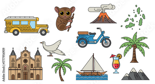 Philippines icons jeepney, tarsier, volcano, church, tropical vibes