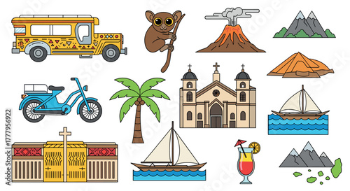 Philippines icons jeepney, tarsier, volcano, church, palm, and more